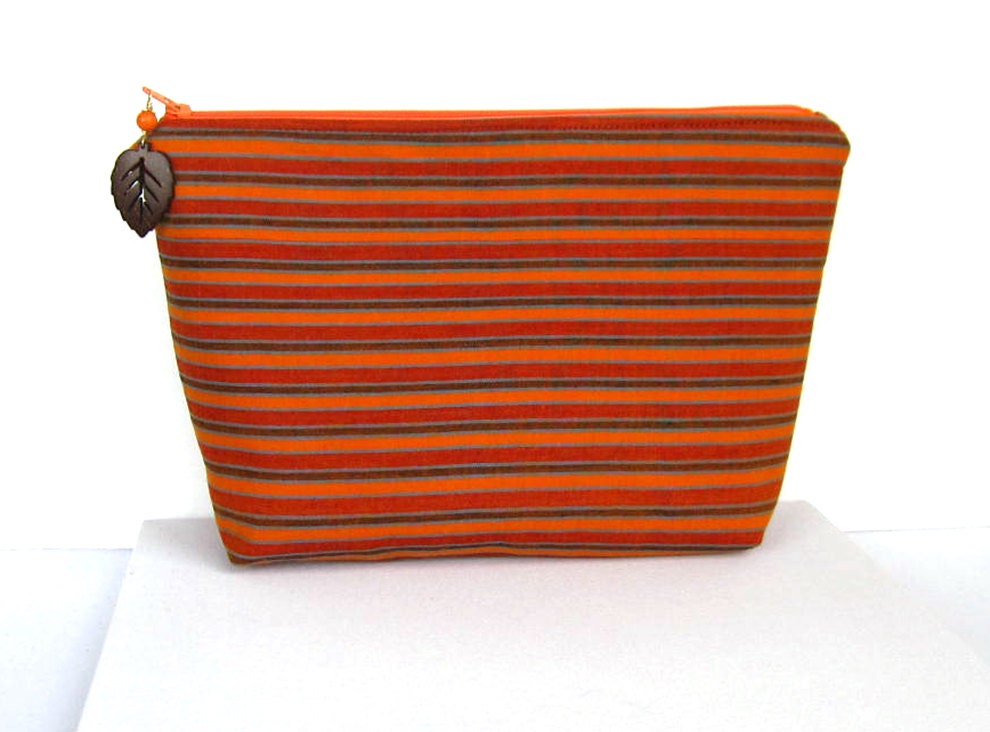 Fabric Cosmetic bag, make up bag, fabric pouch, orange and brown