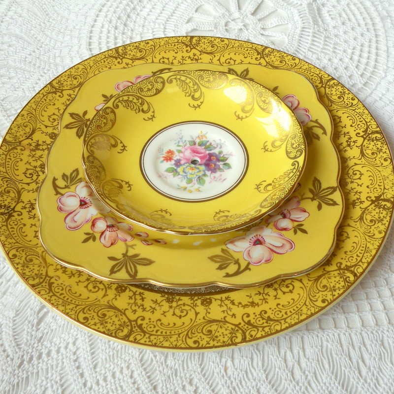 Alice Loves Summer, Sunshine Yellow Cupcake Stand of Vintage China, 3 Tier Display for Garden Wedding or High Tea Party Centerpiece