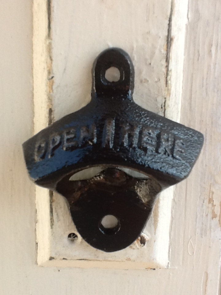 Black Bottle Opener - Cast Iron - Rustic French Noir -6 Pack Use - Home Brew - Wall Mount - Primitive - Metal Wall Decor - Jet Black-Ebony