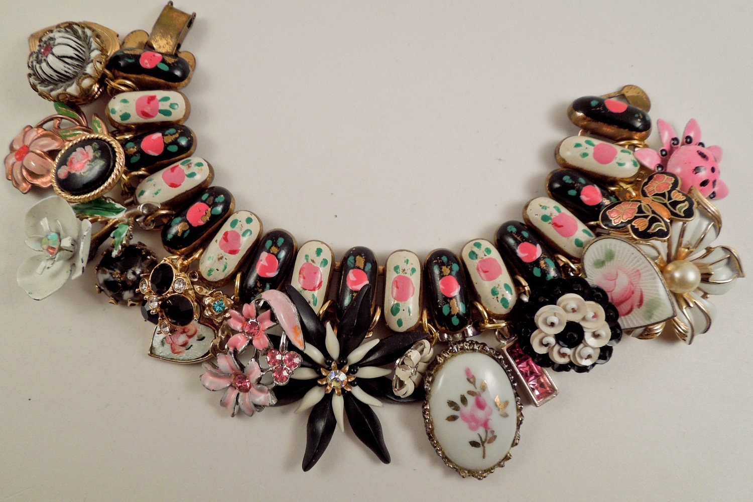 Rosey Posey Repurposed Vintage Jewelry Charm Bracelet One of a kind OOAK