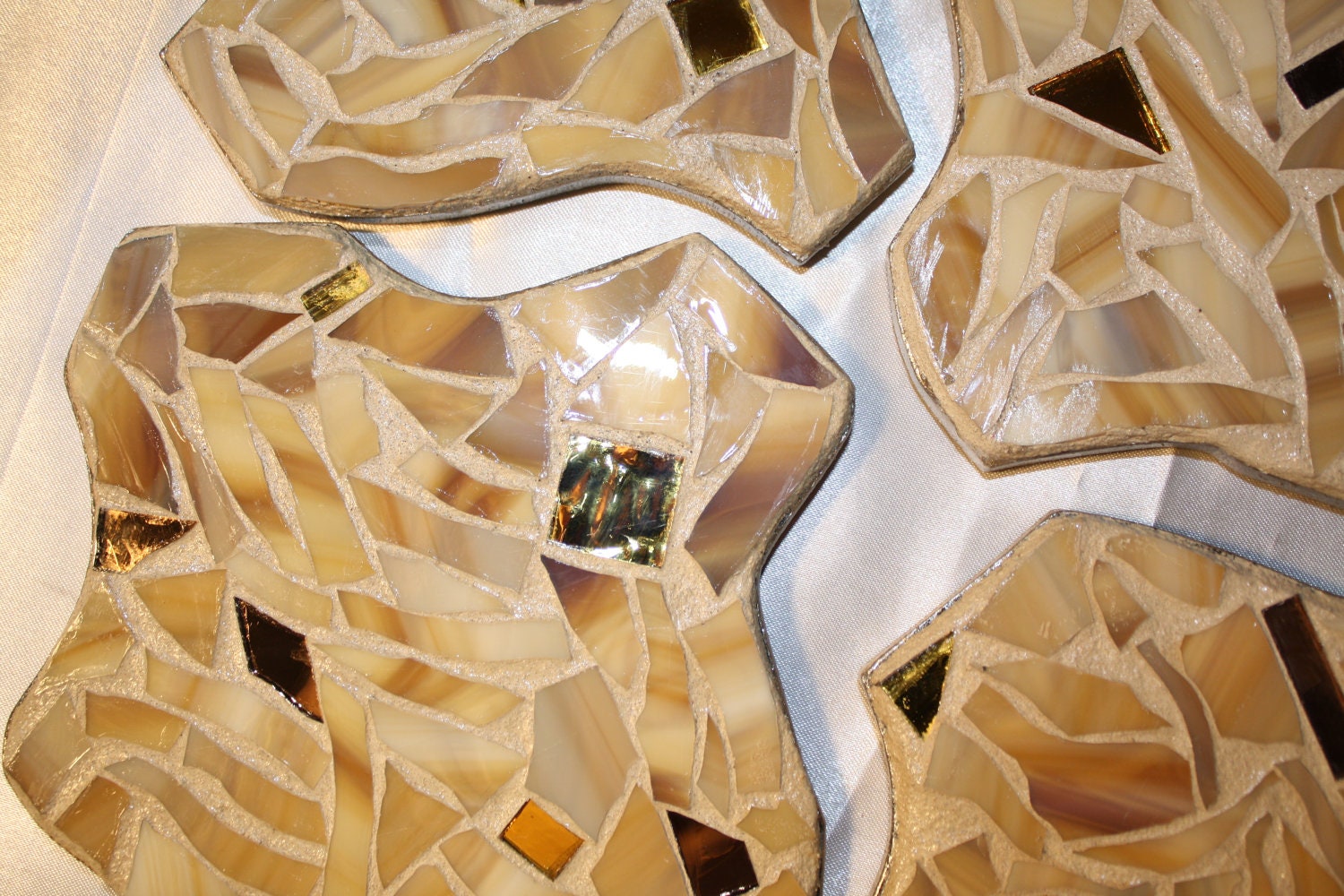 Funky Shaped Mosaic Coasters in Shades of Tan, Gold & Caramel Stained Glass - Set of 4 - OOAK