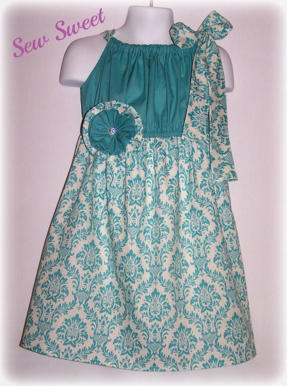 Custom Boutique Clothing Girls Dress Spring Summer Pillowcase Special Occassion Blue and Cream Damask  Dress, 12mos to 8yr