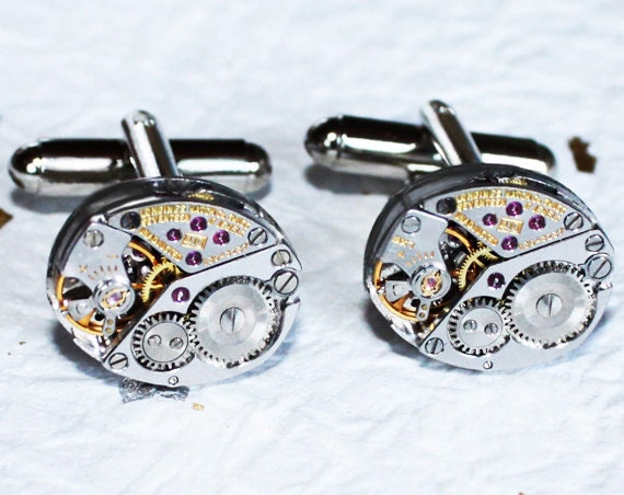 LONGINES Men Steampunk Cufflinks - Luxury Swiss Silver Vintage Watch Movement Steampunk Cufflinks / Cuff Links - Wedding Fathers Day Gift
