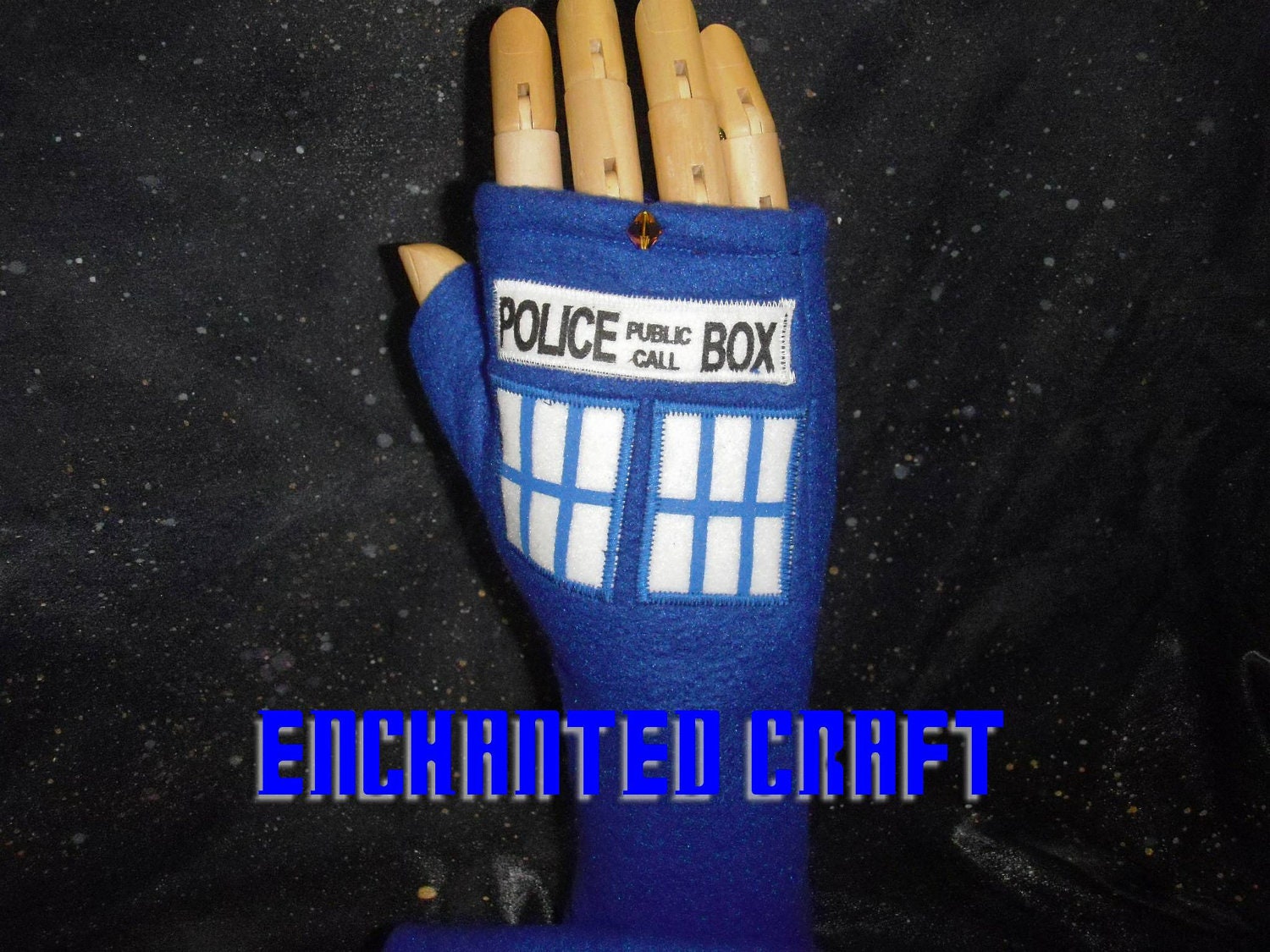 NEW design- Blue Fleece Dr Who fingerless gloves TArdiS Style police box with thumbs