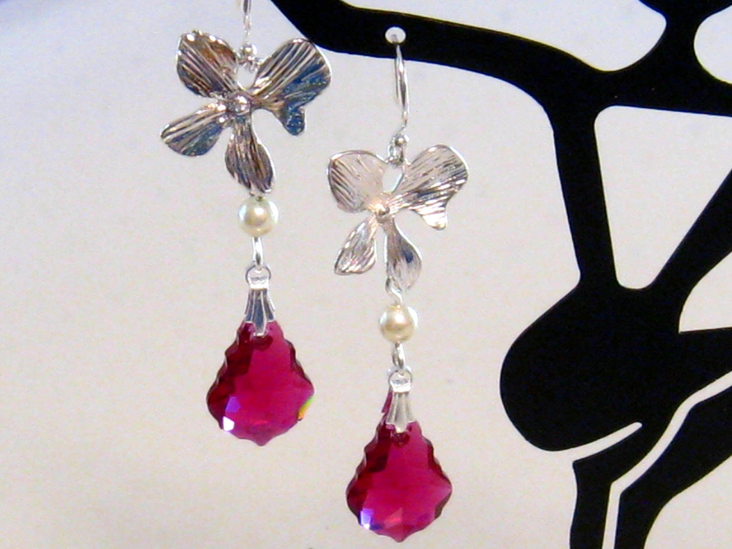 Red Bridal Earrings: Orchid, Baroque Ruby Red Swarovski Crystal, White Pearl Bridesmaids Earrings - Elegant Bridal Wedding Jewelry, Apple
