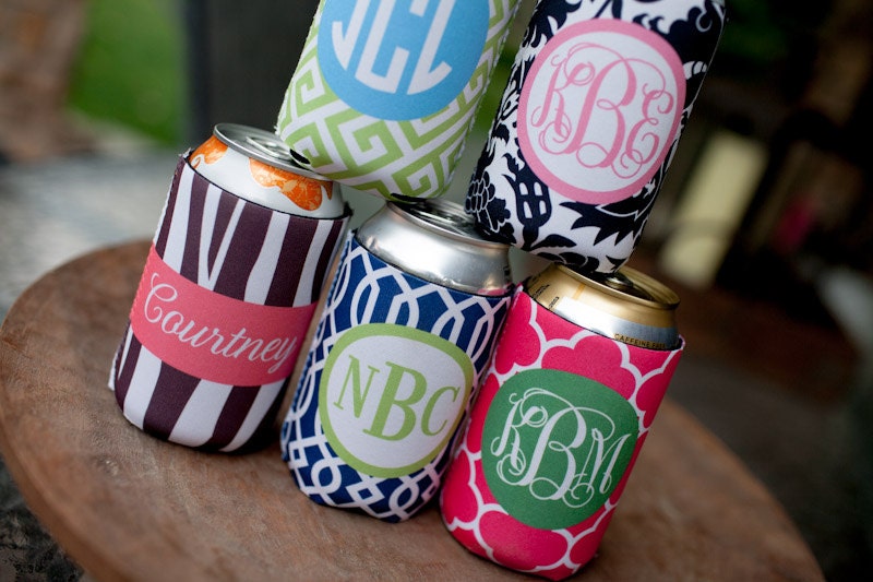 monogrammed drink koozie - choose one from 6 template options, customize name/initials only