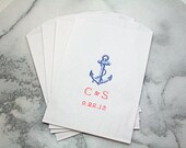 Candy buffet bags, wedding cake bags, goodie bags, favor bags.  50 vintage style anchor with custom initials and date in red and blue.