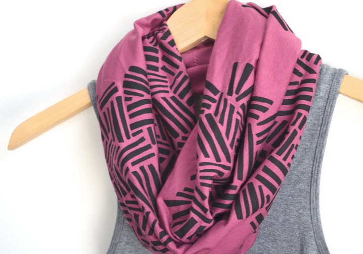 INFINITY SCARF - Screen Printed -  Black Crosshatch on Mauve