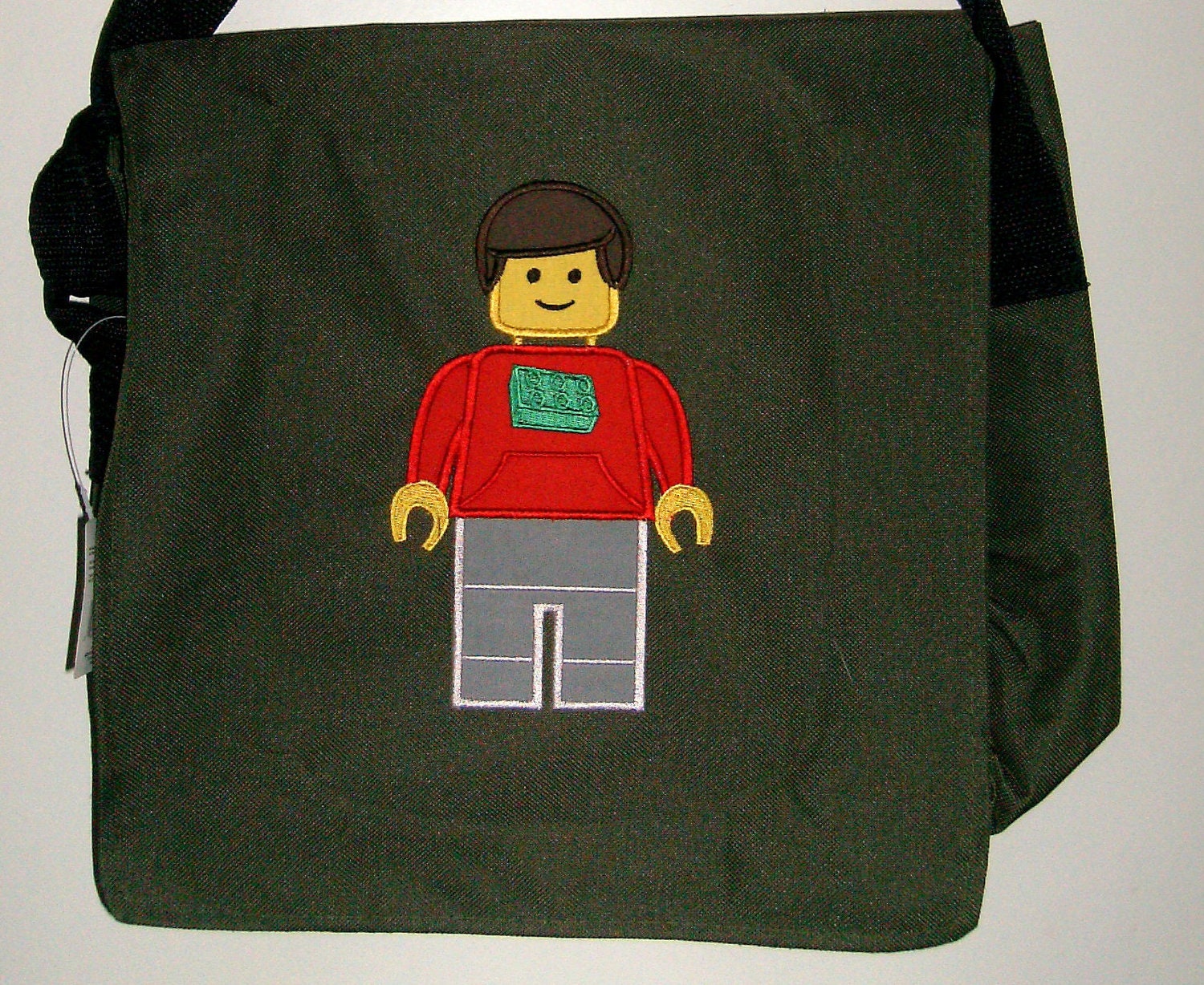 Lego boy brick shirt olive green messenger school bag applique embroidery