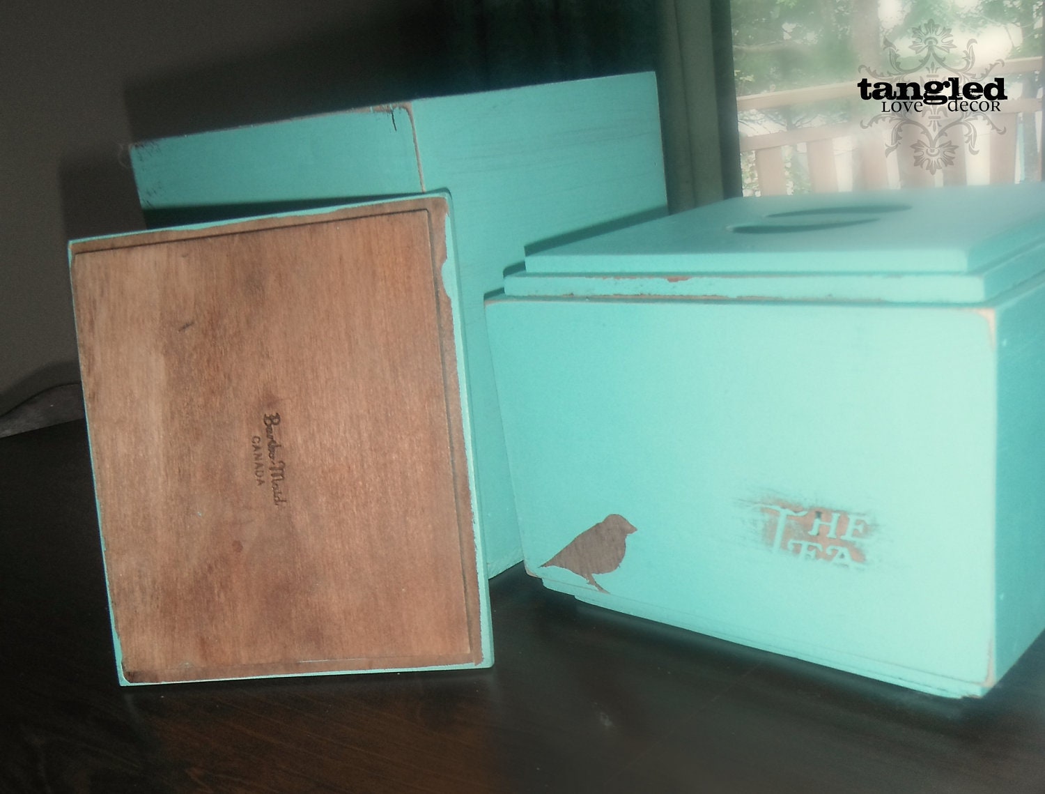Vintage Wooden Canisters in Distressed Turquoise with Bird Accent