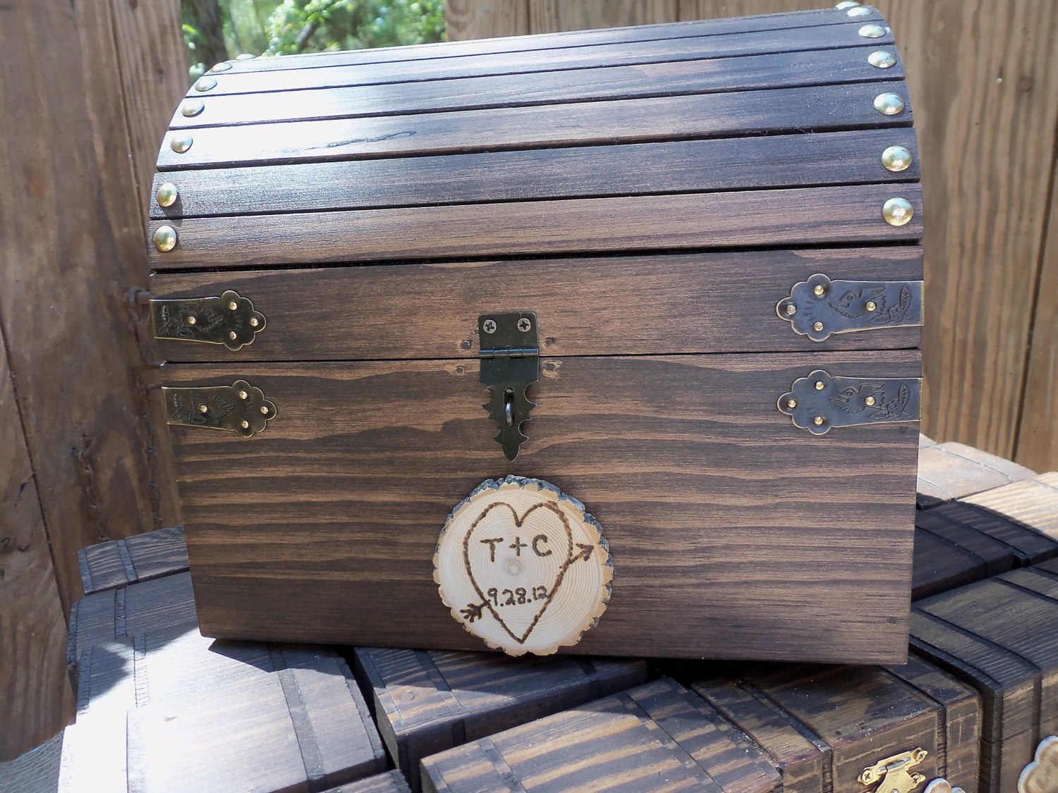 Wedding Card Box - Stained Rustic Wood Fairytale Treasure Chest with CARD SLOT and Personalized Wood Slice- GoRustic Designs