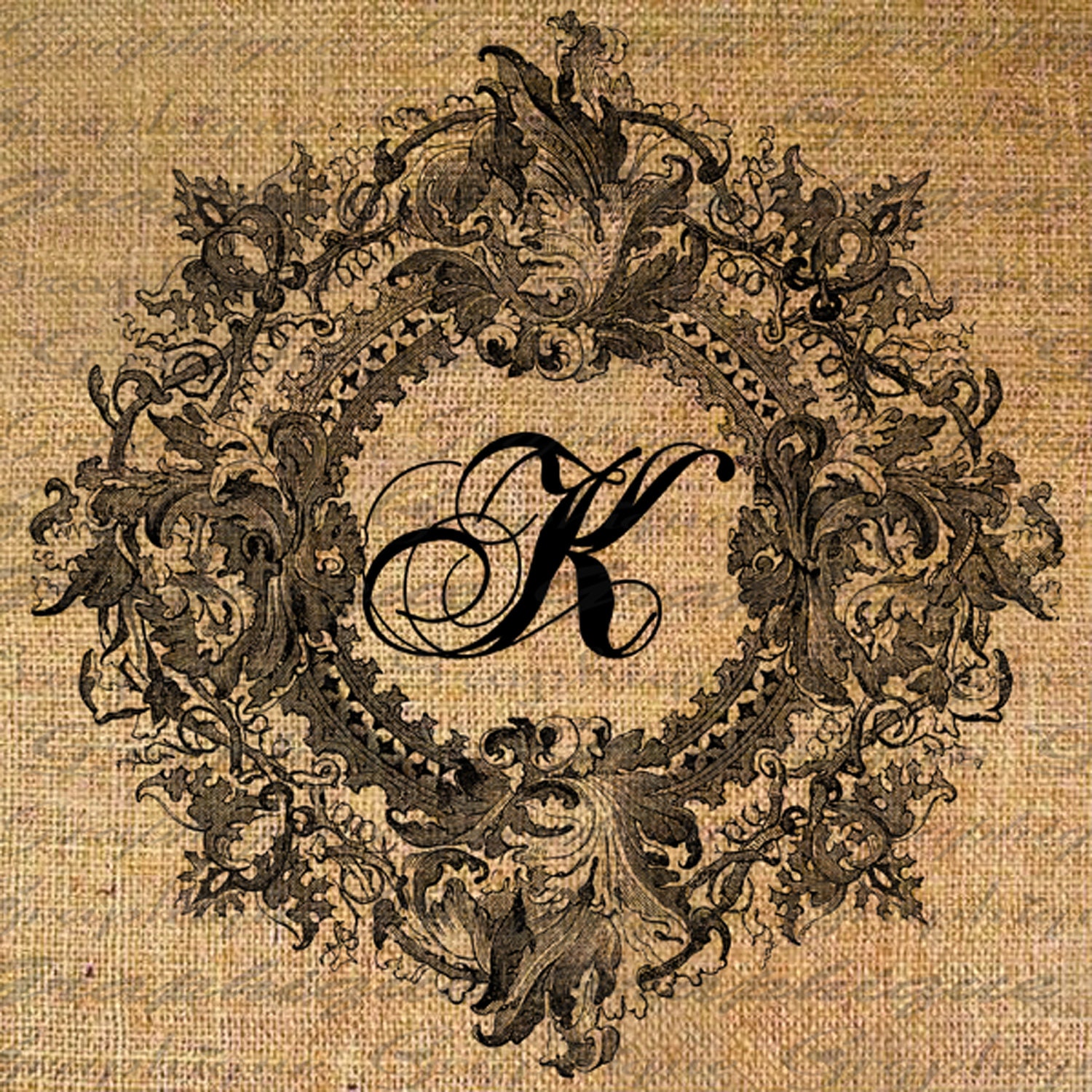 LETTER or Initial K Ornate Frame Monogram Text Word Digital Image Download Sheet Transfer To Pillows Totes Tea Towels Burlap No. 2088K