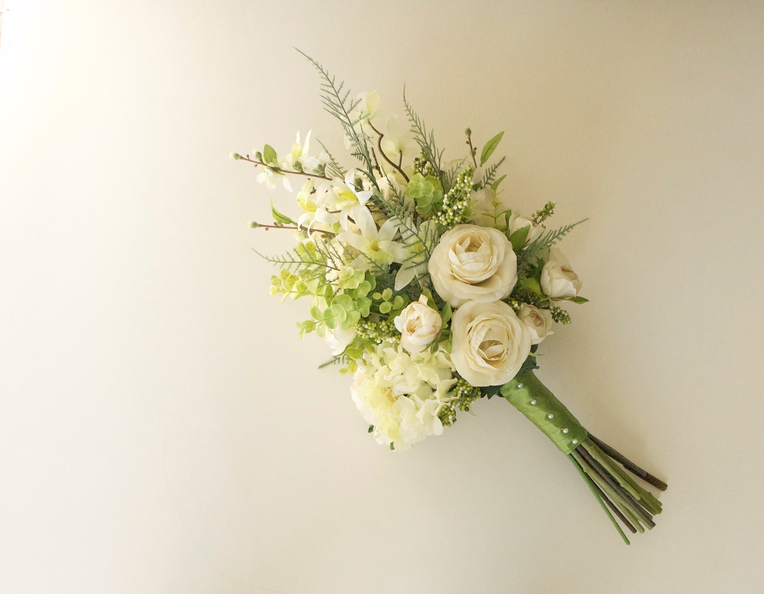 Green and White Forest Wedding Bouquet (Woodland Wedding) Hydrangea Bouquet, Ranunculus Bouquet, Ferns, Orchids, Apple Blossoms