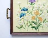 Crewel Framed Tray Embroidered  by Hand Wood Flowers Cottage Rustic Decor