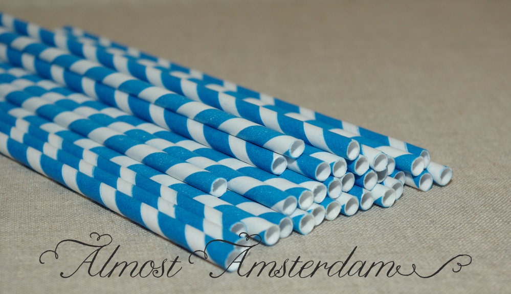Eco-friendly Blue and White Paper Straws with Custom Printable Flags in Your Choice of Colour (Printable PDF) - Set of 25