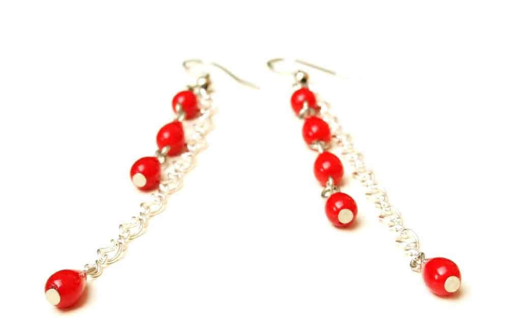 Coral Earrings, Red Coral Drops and Silver Plated Chain, Luxury Earrings