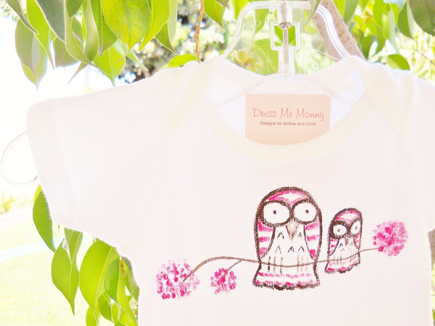 Children Mother Owl and Baby Toddler T-Shirt or Baby Onesie with Pink Flowers Hand Made