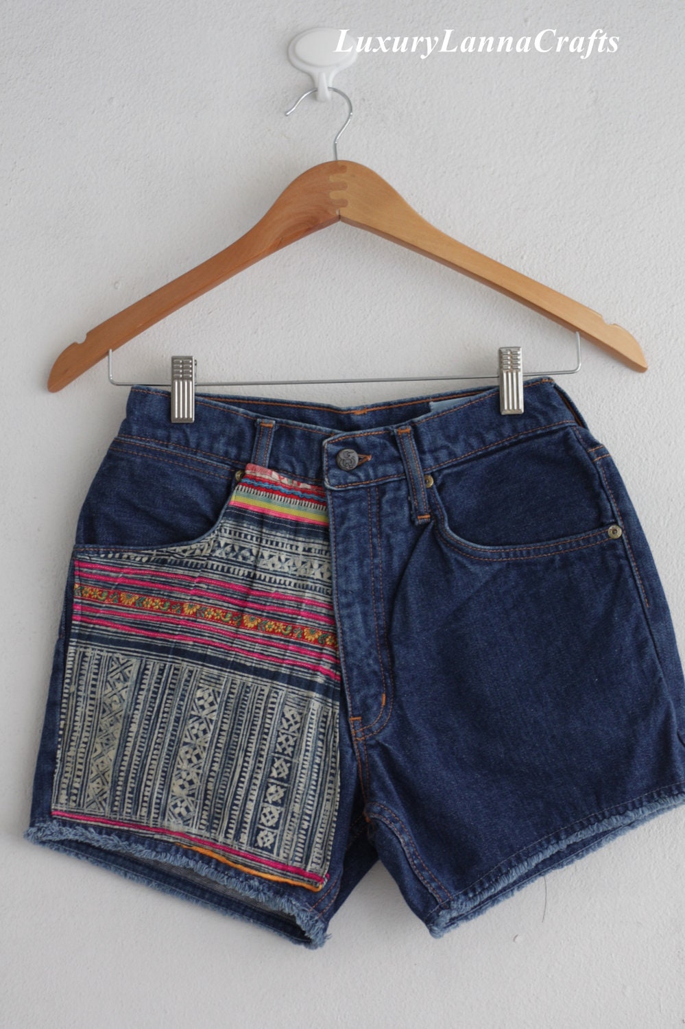 SALE 25% OFF Hmong Batik vintage Patch Hot pants Deep Blue shorts ethnic chic LS2012-03