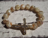 Tan Mother Of Pearl Beaded Bracelet With Gold Rhinestone Cross-Women-Teen
