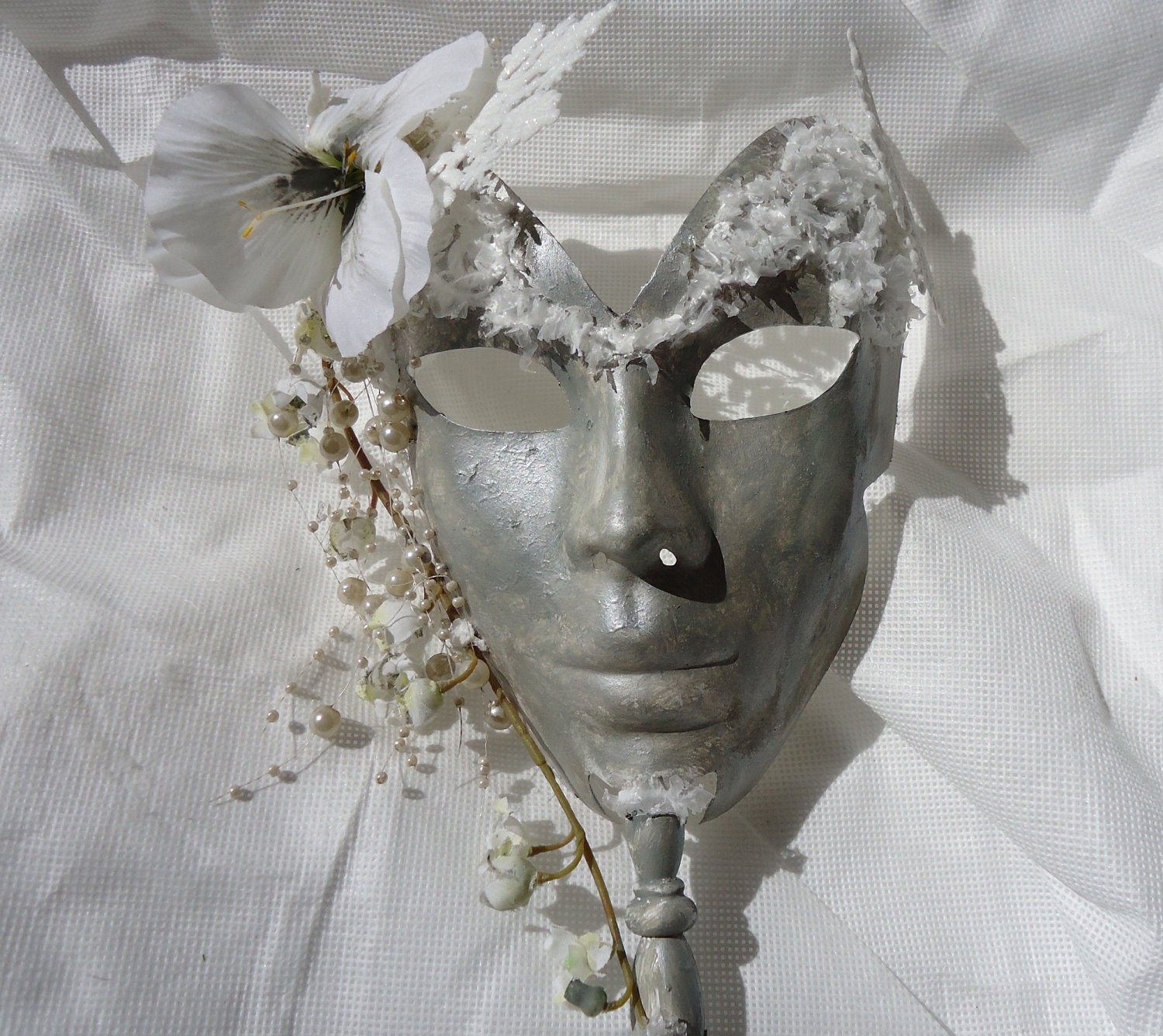 Silver and white Snowflake Snow Mask, winter wedding handmade, ooak, Halloween Costume Mask, Masquerade, Winter Carnival