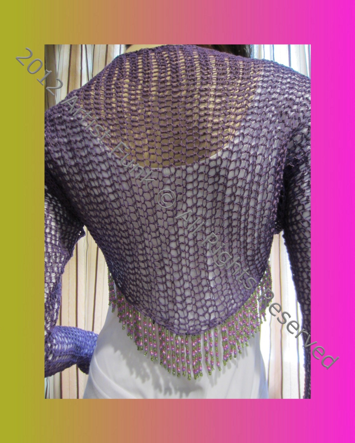 Shrugs Boleros Vests , Handmade Shrugs And Boleros , Lightweight  Open Stitch Shrug Handcrafted 100% Cotton Deep Purple With Beaded Fringe