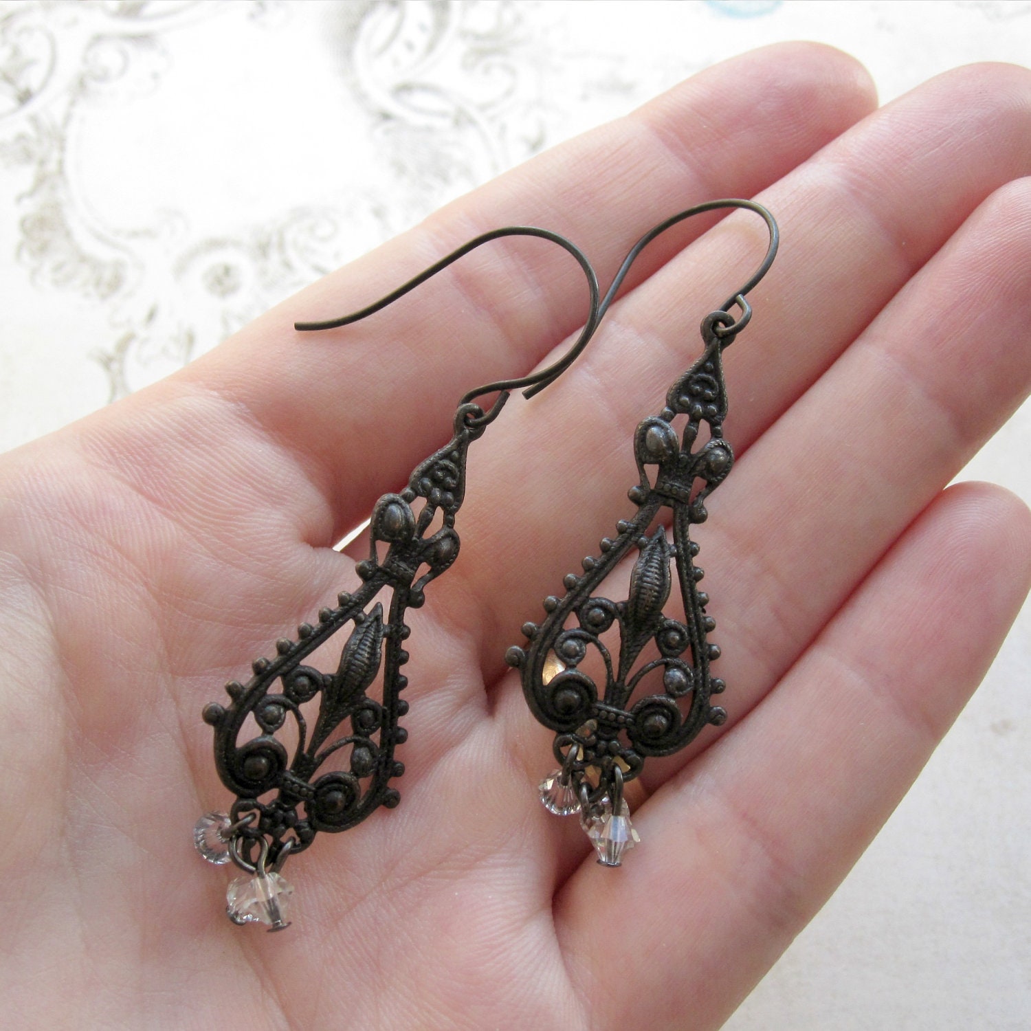 Black Filigree Earrings - Dangle Earrings - Crystals - Black Earrings - Gift Under 30 - Exotic - Unique - Gothic - Long Earrings
