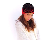 SALE. Crochet  Red Beanie, Hat, adult  youth, black ruffles, gift ideas for her