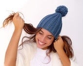 Winter warm  Pompom Hat, Crochet  Beanie, Men Women Unisex, Royal blue  Wool, Acrylic - Lasunka