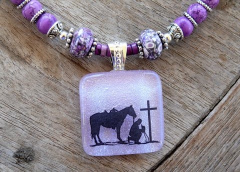 Praying Cowboy with Horse Necklace, purple, turquoise, silver, rodeo, western, equestrian