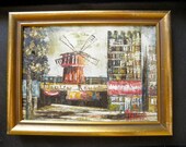 SALE 1960s Moulin Rouge French Oil Painting on Canvas - Gold Leaf Frame - Paris - Signed