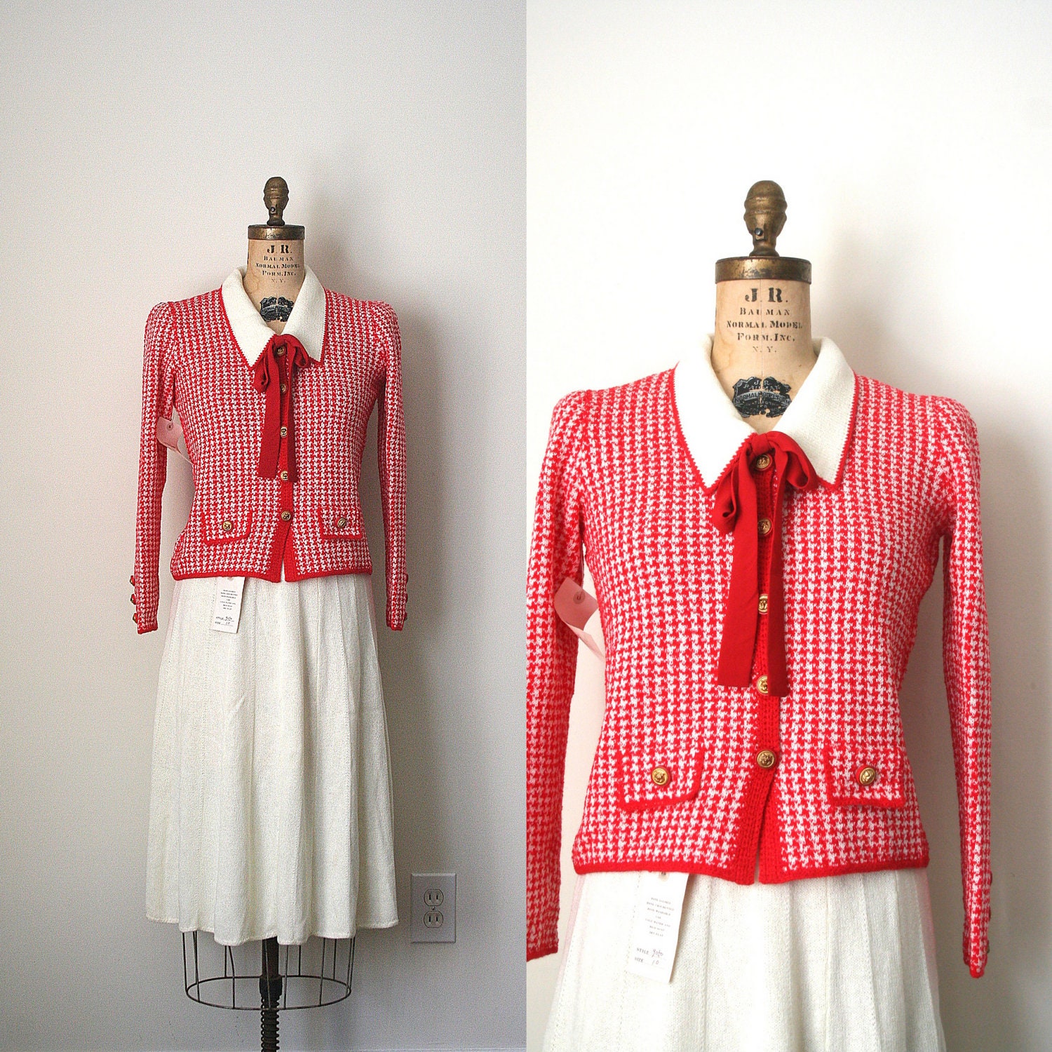 vintage ladies SUIT sweater & knit skirt / red bow FRENCH CHIC Laura Yang - deadstock - nos