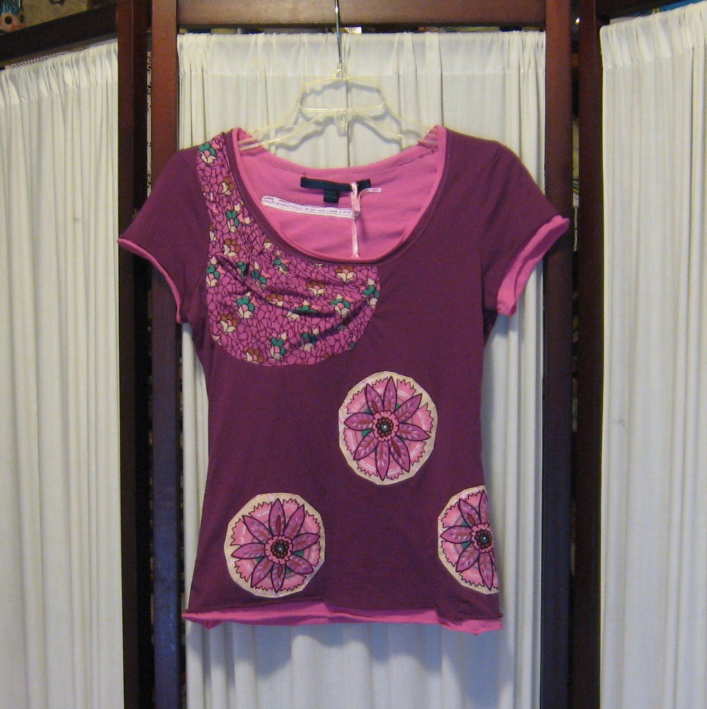 Reconstructed Recycled EcoFriendly Girls' SS Top Sz 10 Purple and Pink with Asian Indian Fabric Embellishments