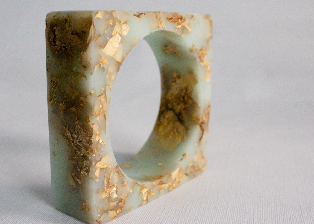 mint gold eco resin square bangle with suspended gold leaf