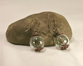 Real peacock feathers in Clear Glass Orb, earrings, Antiqued brass