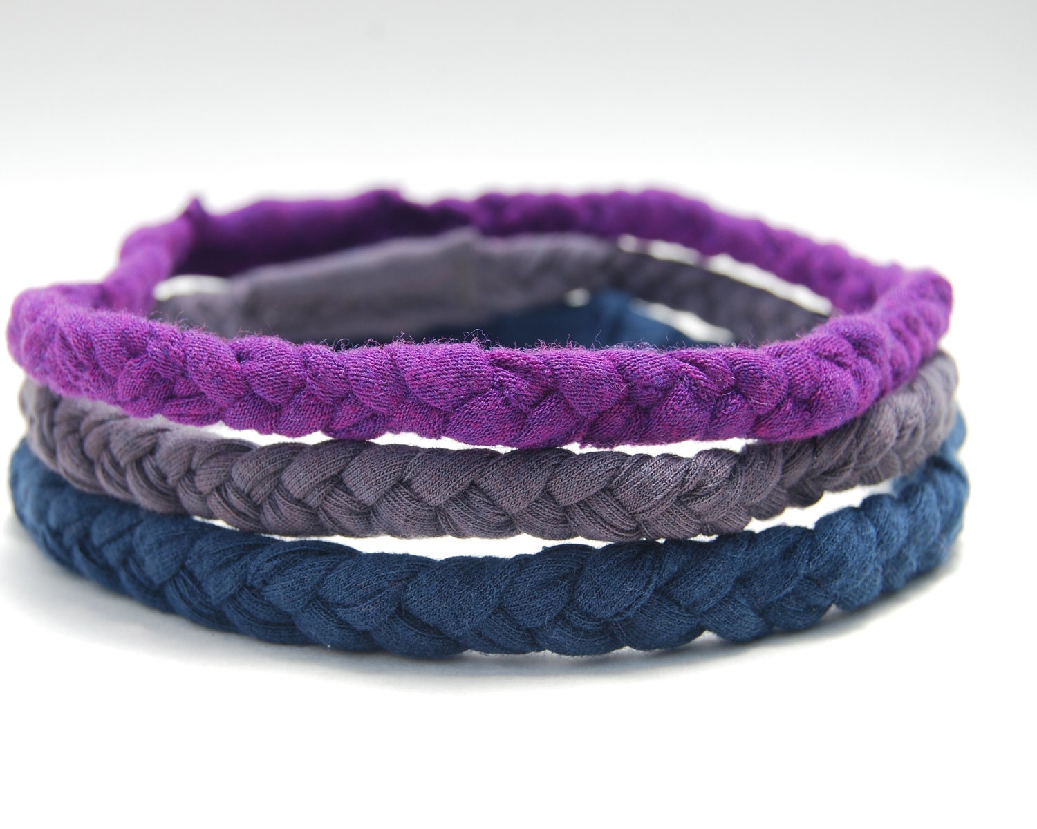 Eco Friendly Braided Headband - Boho Chic - Navy Plum Gray - Upcycled - Organic Clothing