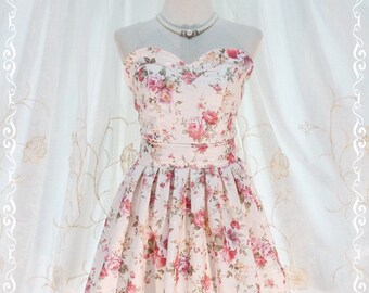 A Lovely Queen - Strapless Classic Cocktail Dress Light Cream Playful Glamorous Floral Print Giant Bow Party Night Prom Wedding Bridesmaid