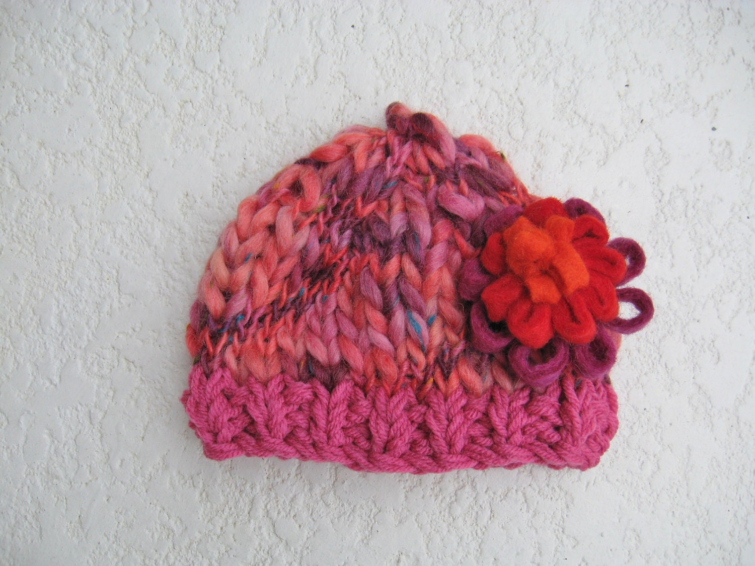 Baby hat photo prop hand knit beanie flower fushia, orange, salmon, plum, rose FREE U.S. shipping