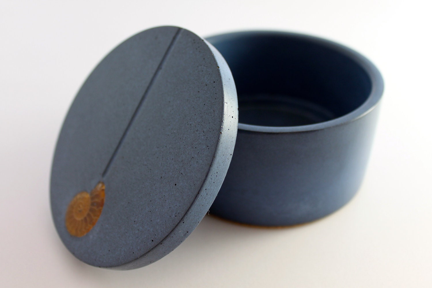 LIMITED EDITION: Mariana Series. Salt Cellar in Blue Concrete with Ammonite Inlay. Salt Cellar. Blue Salt Cellar
