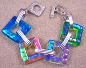BIG Dichroic Bracelet - One Inch 1" Linked Bright Squares in Blue Green Amber Lavender Pink Fused Glass Silver Plated Hammered Toggle Clasp
