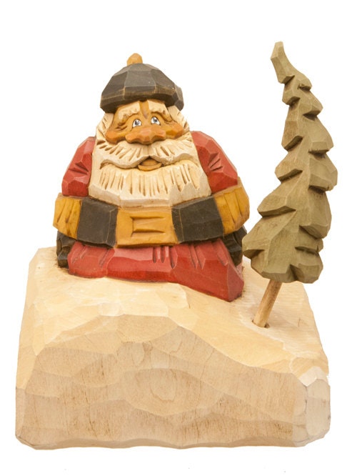 Hand Carved Wooden Santa in Snowbank with Traditional Red Coat and Black Hat