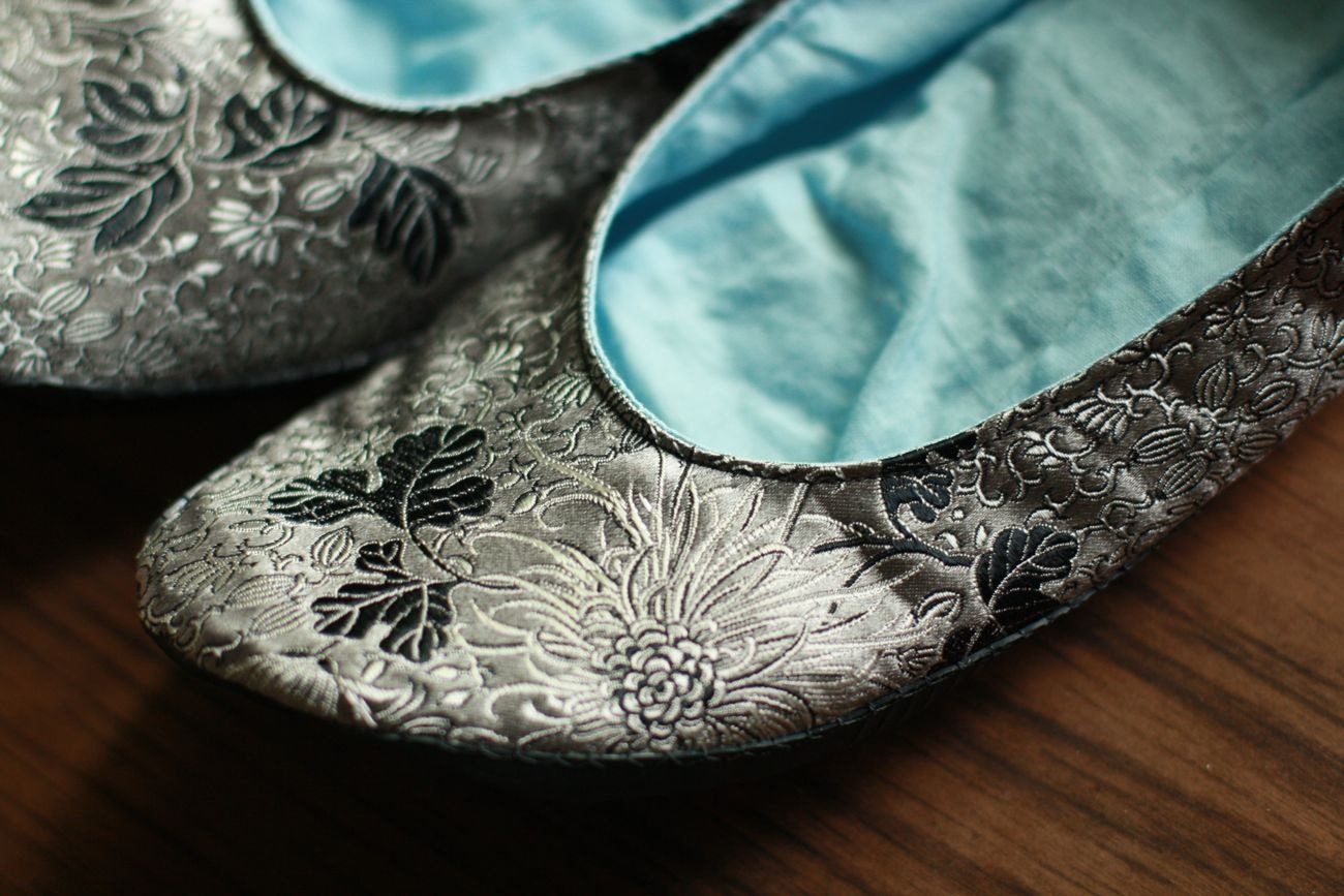 Silvery Silk Shoes, Round Toe with Recycled Rubber Soles