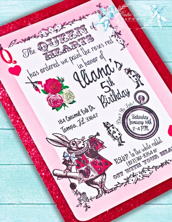 Queen of Hearts Party, Alice in Wonderland Party - PRINTABLE CUSTOMIZED INVITATION - Cutie Putti Paperie