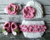 Emma Beanie, Headband, Diaper Cover and Macthing Booties Available in Newborn to 12 Months Size- MADE TO ORDER