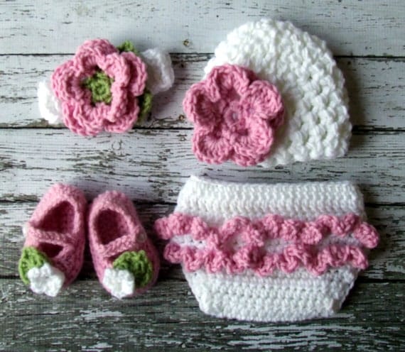 Emma Beanie, Headband, Diaper Cover and Macthing Booties Available in Newborn to 12 Months Size- MADE TO ORDER