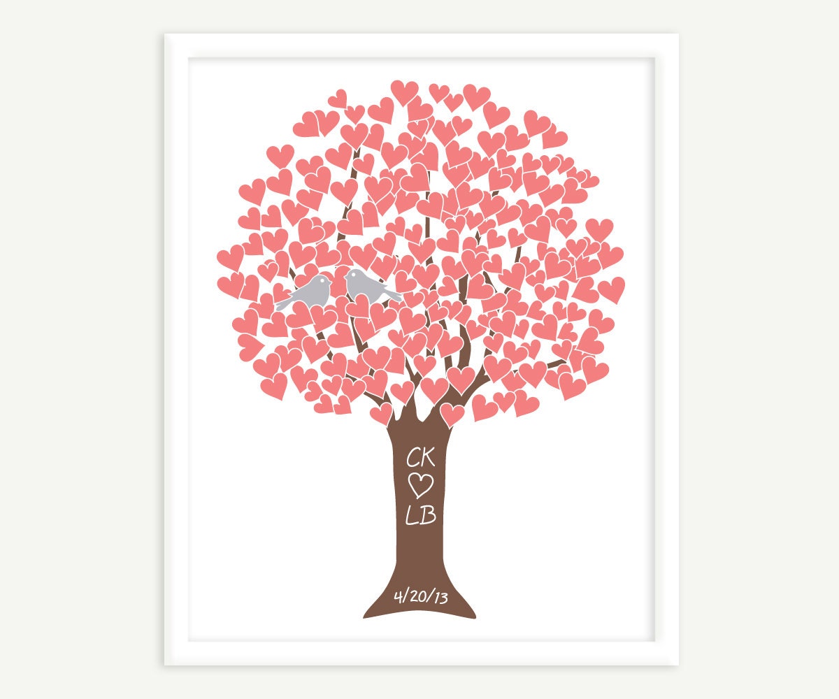 Personalized Love Tree in Coral & Silver - Anniversary or Wedding Gift - Art Print Digital Print 11x14, 8x10 or 5x7