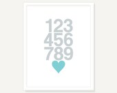 Heart & Numbers Poster - Modern Nursery Decor Kids Wall Art Baby Print - 11x14 Silver Turquoise Digital Print Poster