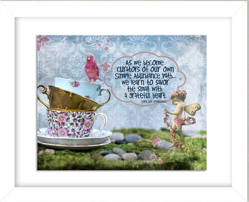Savor Gratitude - INSPIRATIONAL 8x10 Art Print -  tea cups cupid  give thanks pretty quote simple abundance