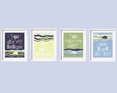 You Are My Sunshine Prints in navy, red, green, and light blue with Whales and Fish 4 pc 5x7