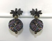 Rocky. A small dark and unique pair of Druzy earrings. Titanium quartz grey blue peacock drusy earrings