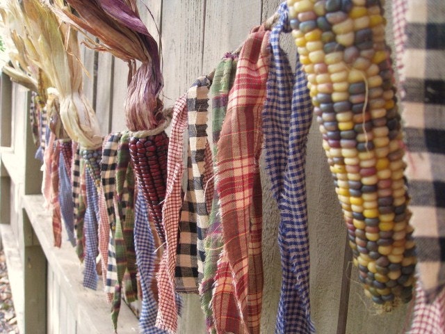 Holiday Fabric Garland, Homespun Rag Garland, Indian Corn Garland, Harvest Decor, Fall Decoration, Thanksgiving, Fall Banner, Bunting